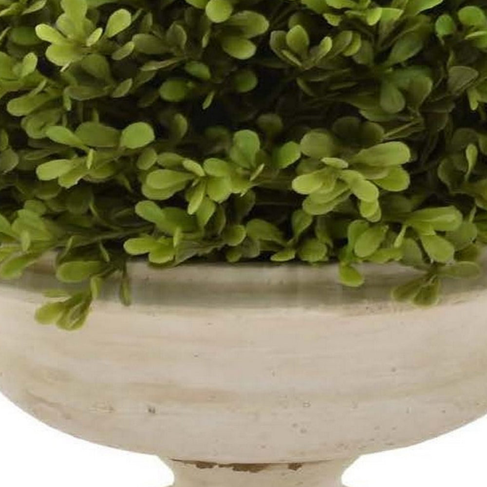 Benjara 15 Inch Faux Boxwood Topiary Plant in Urn Pedestal Pot, Off White Planter
