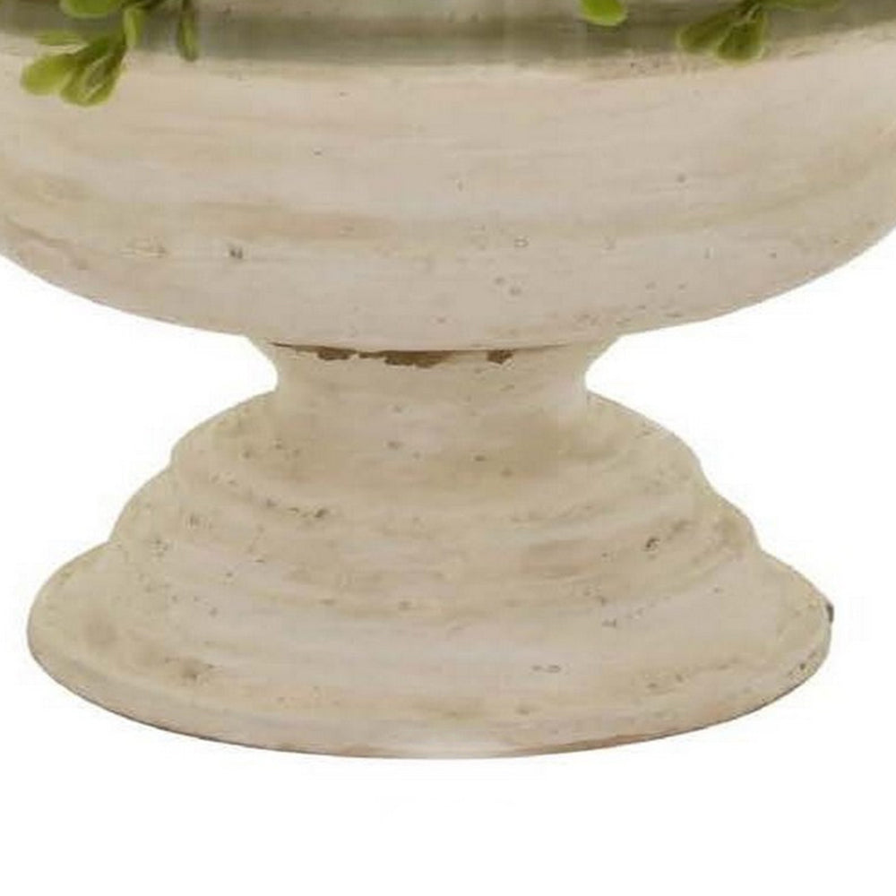 Benjara 15 Inch Faux Boxwood Topiary Plant in Urn Pedestal Pot, Off White Planter