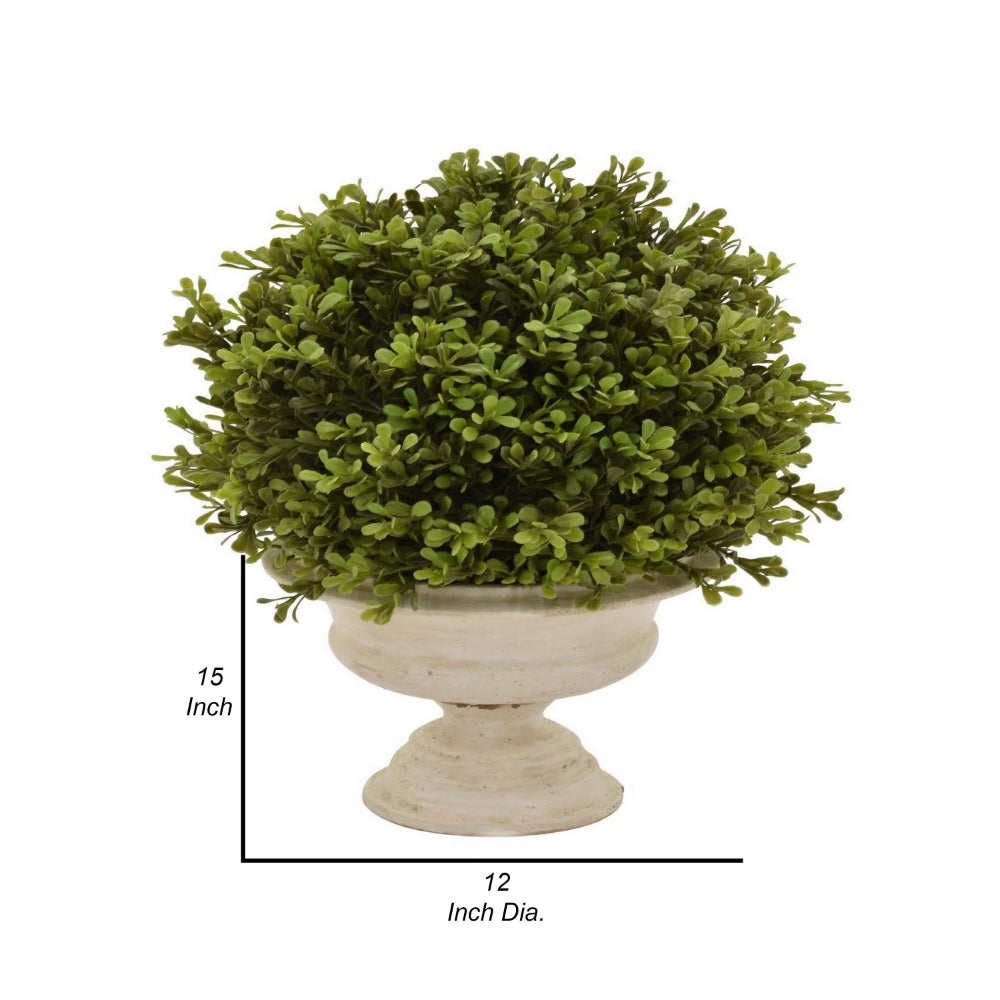 Benjara 15 Inch Faux Boxwood Topiary Plant in Urn Pedestal Pot, Off White Planter