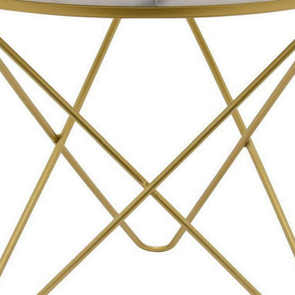 Benjara 24 Inch Modern Plant Stand Side Table, Round Marble Display, Gold Metal