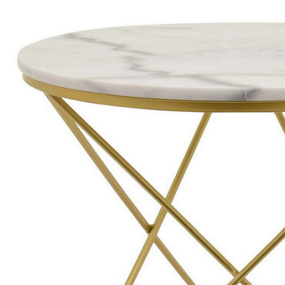 Benjara 24 Inch Modern Plant Stand Side Table, Round Marble Display, Gold Metal