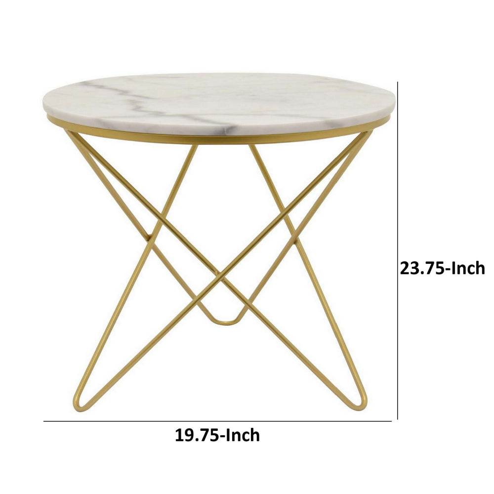 Benjara 24 Inch Modern Plant Stand Side Table, Round Marble Display, Gold Metal