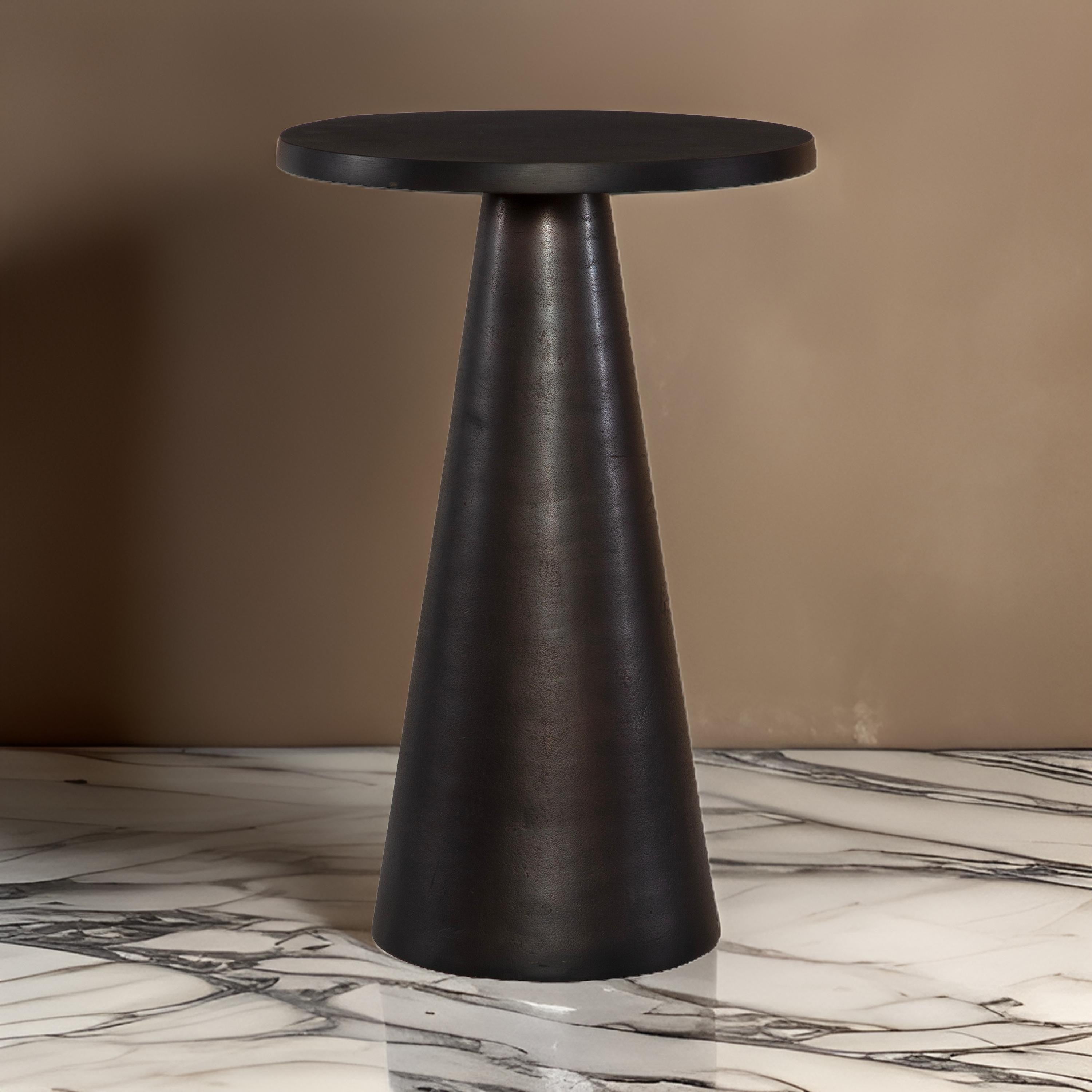 Benjara 20 Inch Round Accent Table, Tapered Round Pedestal, Dark Bronze Aluminum