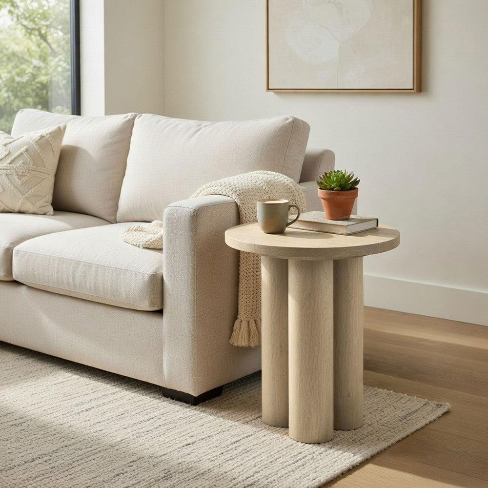The Urban Port Hazel 17.7 Inch Round Side Table with 3 Pillar Legs, Handcrafted Natural Brown Mango Wood