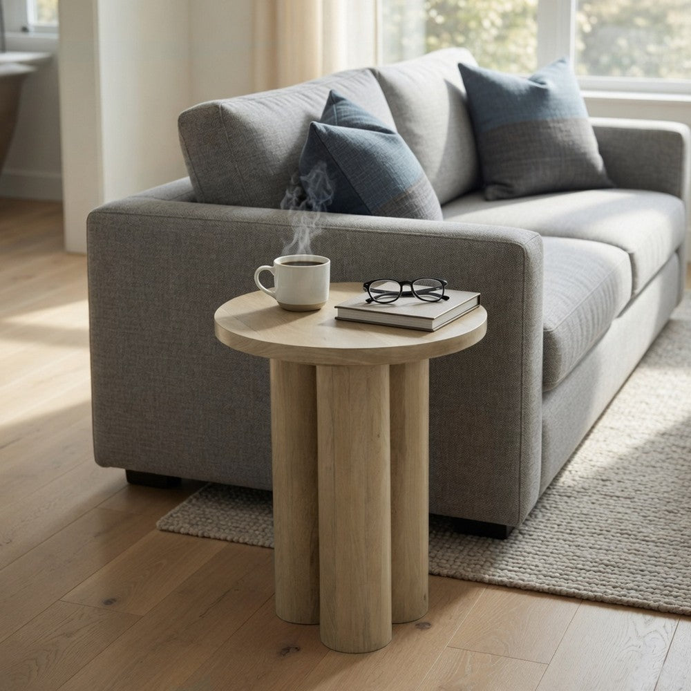 The Urban Port Hazel 17.7 Inch Round Side Table with 3 Pillar Legs, Handcrafted Natural Brown Mango Wood