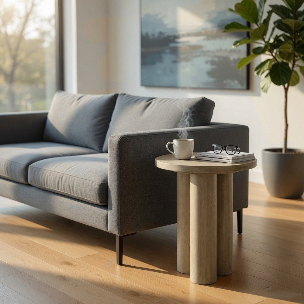 The Urban Port Hazel 17.7 Inch Round Side Table with 3 Pillar Legs, Handcrafted Natural Brown Mango Wood
