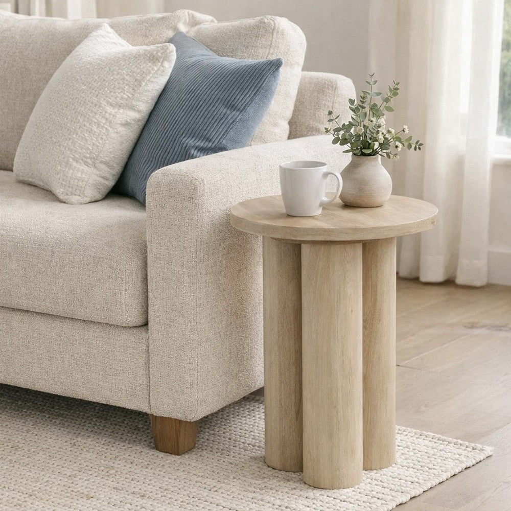 The Urban Port Hazel 17.7 Inch Round Side Table with 3 Pillar Legs, Handcrafted Natural Brown Mango Wood