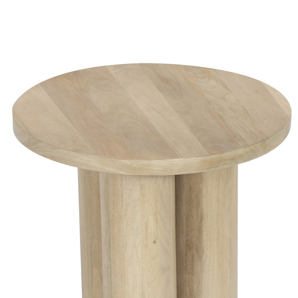 The Urban Port Hazel 17.7 Inch Round Side Table with 3 Pillar Legs, Handcrafted Natural Brown Mango Wood