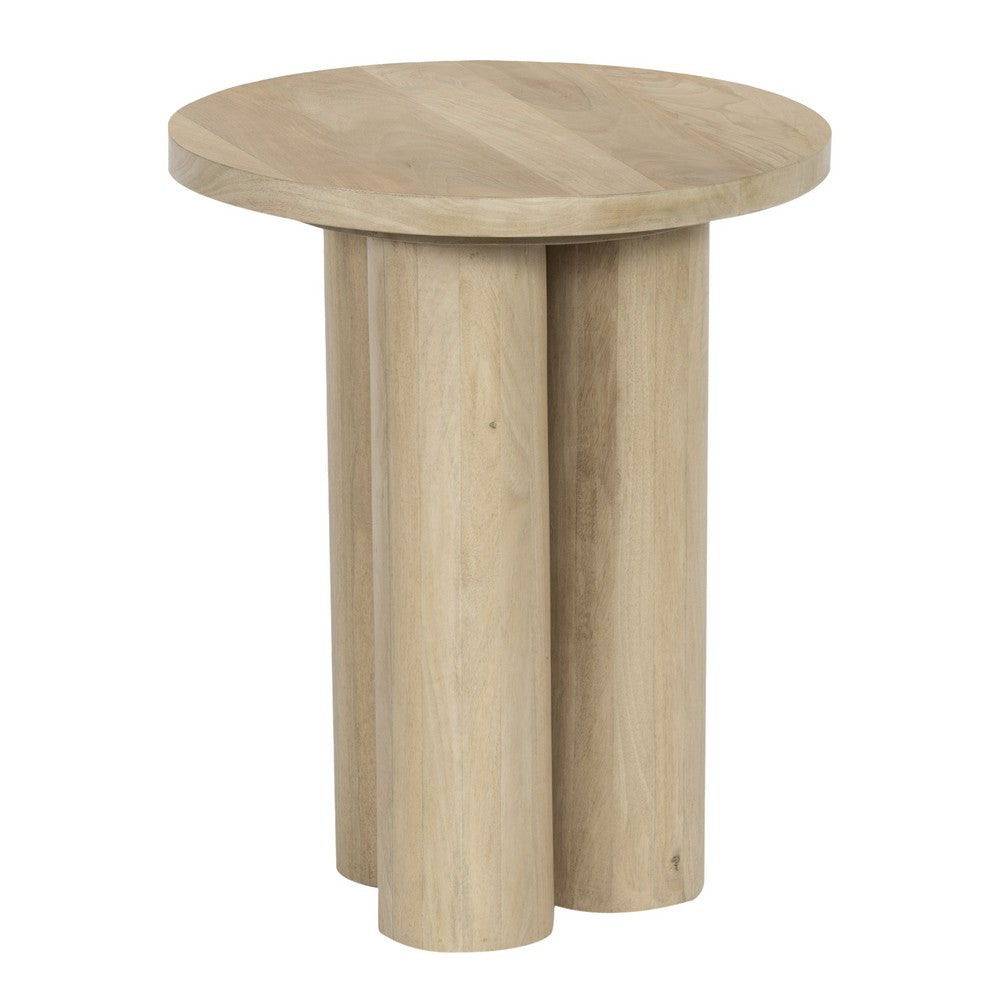 The Urban Port Hazel 17.7 Inch Round Side Table with 3 Pillar Legs, Handcrafted Natural Brown Mango Wood