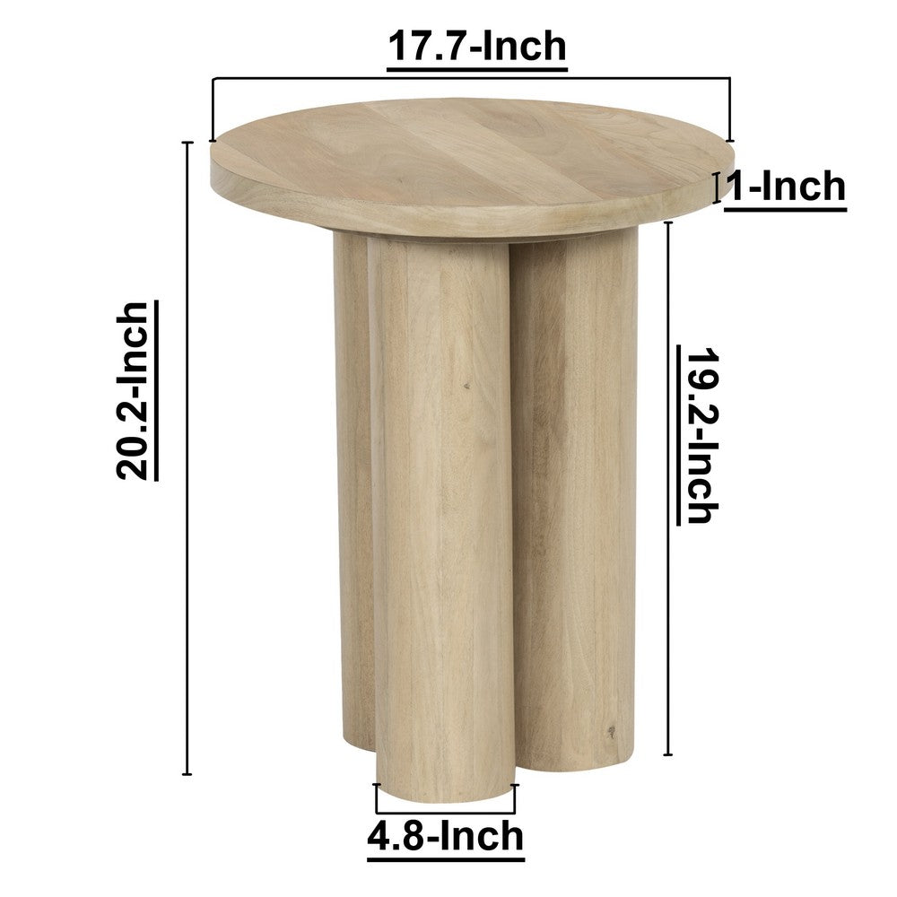 The Urban Port Hazel 17.7 Inch Round Side Table with 3 Pillar Legs, Handcrafted Natural Brown Mango Wood