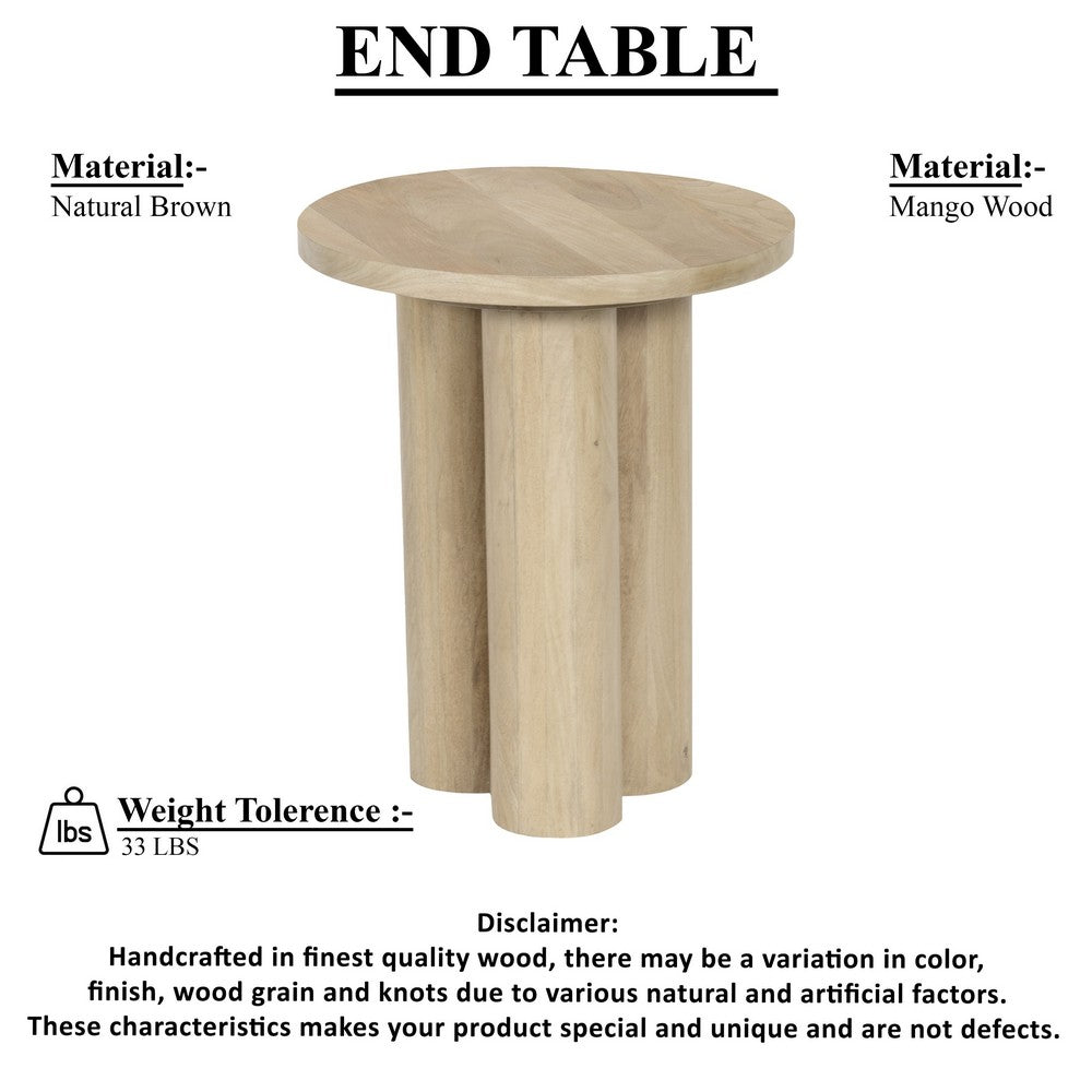The Urban Port Hazel 17.7 Inch Round Side Table with 3 Pillar Legs, Handcrafted Natural Brown Mango Wood