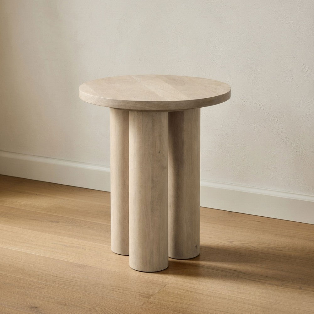 The Urban Port Hazel 17.7 Inch Round Side Table with 3 Pillar Legs, Handcrafted Natural Brown Mango Wood