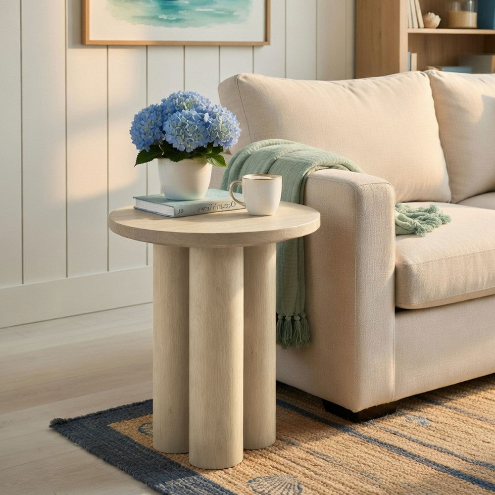The Urban Port Hazel 17.7 Inch Round Side Table with 3 Pillar Legs, Handcrafted Natural Brown Mango Wood
