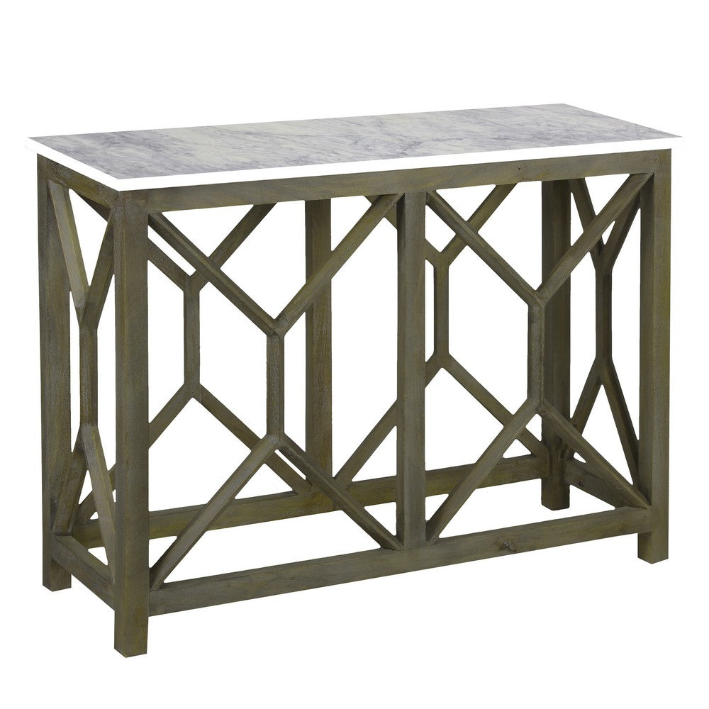 The Urban Port Agas 41 Inch Sofa Console Table, White Genuine Marble Top, Sandblasted Washed Ash Gray Mango Wood Geometric Frame