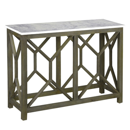 The Urban Port Agas 41 Inch Sofa Console Table, White Genuine Marble Top, Sandblasted Washed Ash Gray Mango Wood Geometric Frame