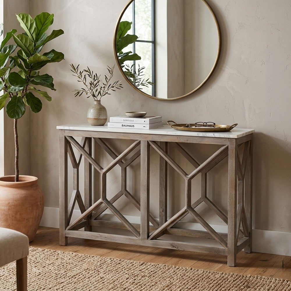 The Urban Port Agas 41 Inch Sofa Console Table, White Genuine Marble Top, Sandblasted Washed Ash Gray Mango Wood Geometric Frame