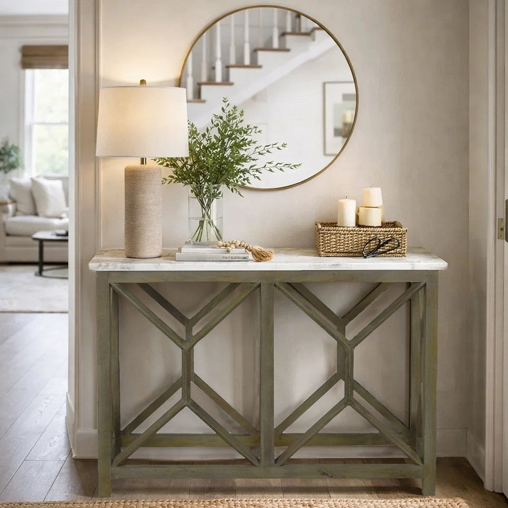 The Urban Port Agas 41 Inch Sofa Console Table, White Genuine Marble Top, Sandblasted Washed Ash Gray Mango Wood Geometric Frame