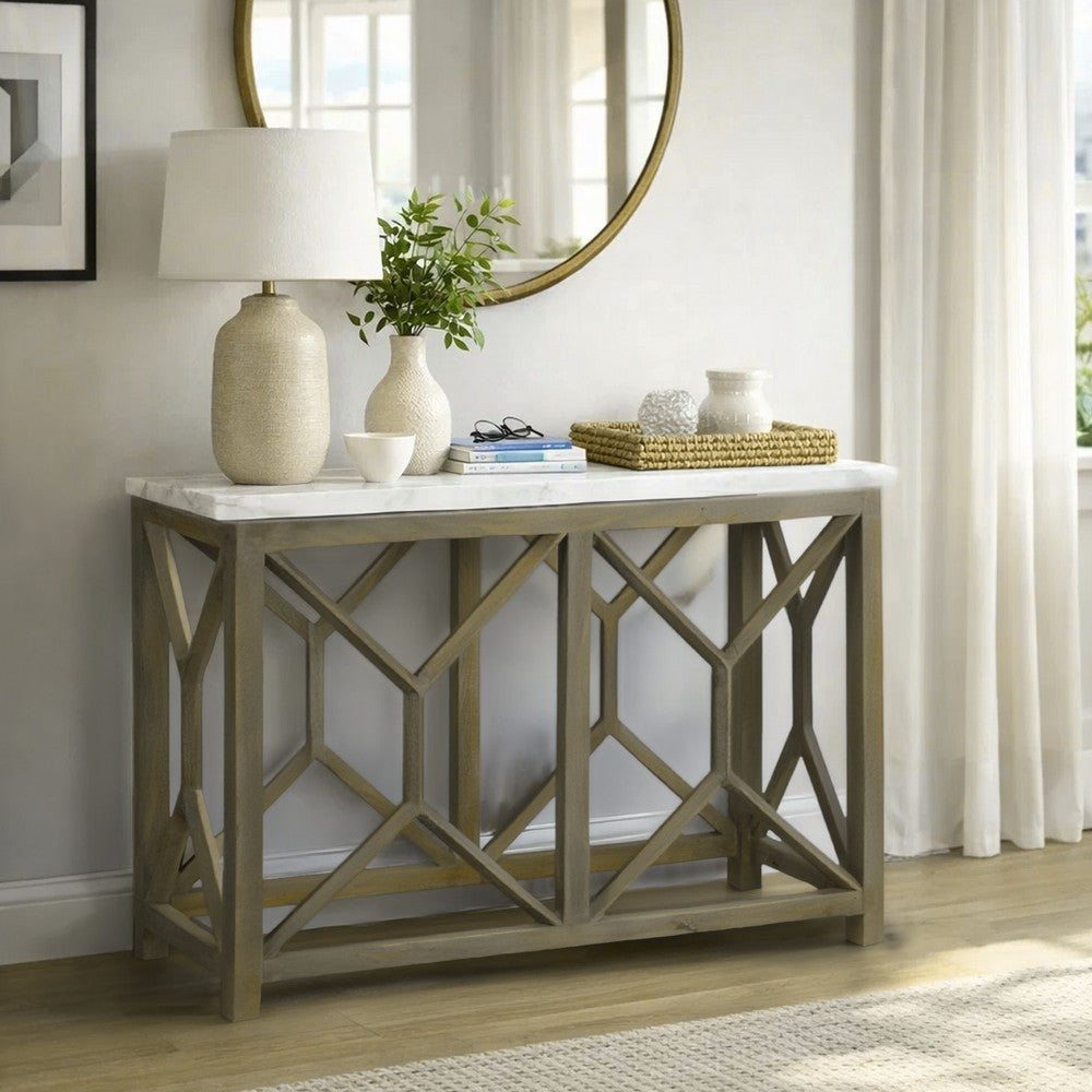 The Urban Port Agas 41 Inch Sofa Console Table, White Genuine Marble Top, Sandblasted Washed Ash Gray Mango Wood Geometric Frame
