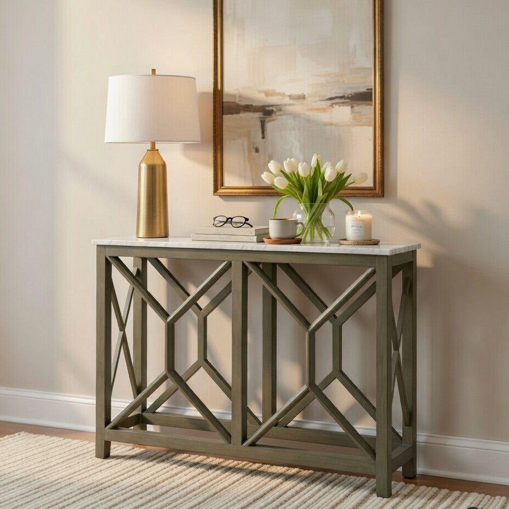 The Urban Port Agas 41 Inch Sofa Console Table, White Genuine Marble Top, Sandblasted Washed Ash Gray Mango Wood Geometric Frame