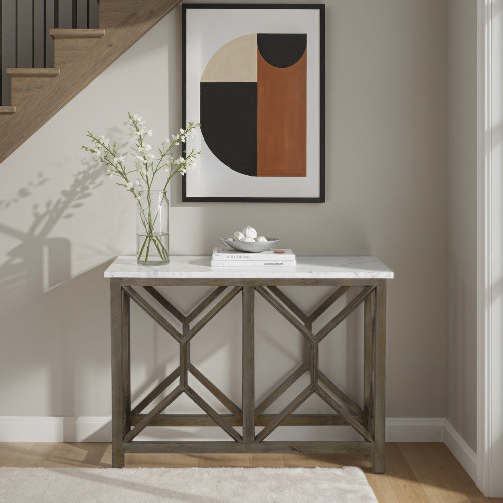 The Urban Port Agas 41 Inch Sofa Console Table, White Genuine Marble Top, Sandblasted Washed Ash Gray Mango Wood Geometric Frame