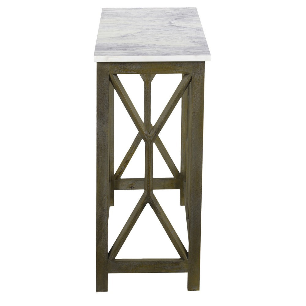 The Urban Port Agas 41 Inch Sofa Console Table, White Genuine Marble Top, Sandblasted Washed Ash Gray Mango Wood Geometric Frame