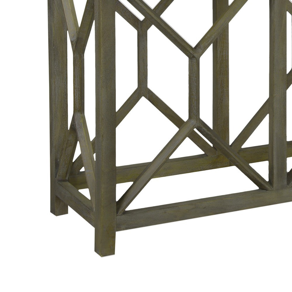 The Urban Port Agas 41 Inch Sofa Console Table, White Genuine Marble Top, Sandblasted Washed Ash Gray Mango Wood Geometric Frame