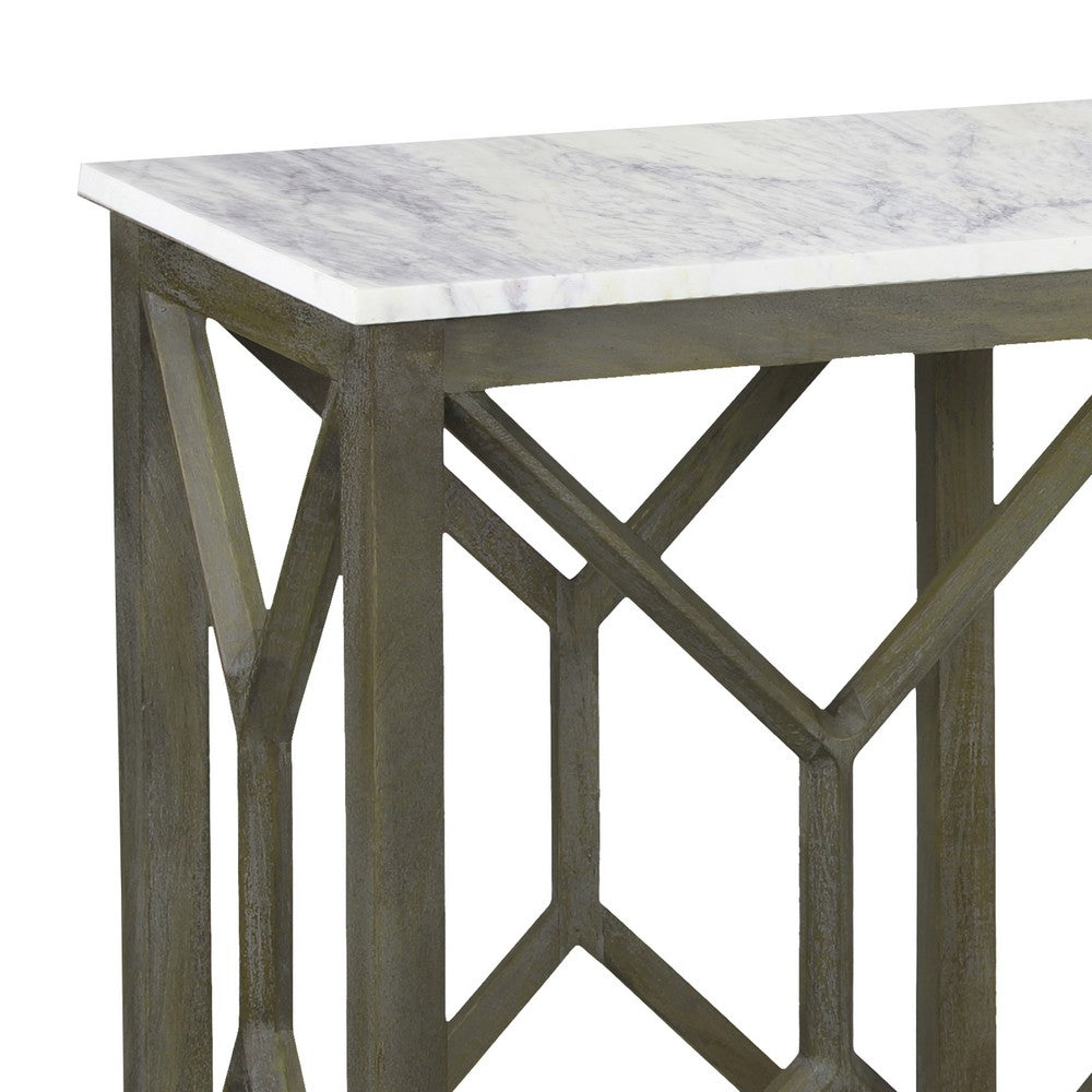 The Urban Port Agas 41 Inch Sofa Console Table, White Genuine Marble Top, Sandblasted Washed Ash Gray Mango Wood Geometric Frame