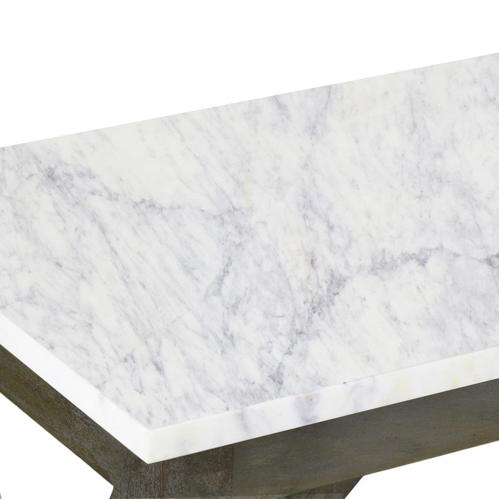 The Urban Port Agas 41 Inch Sofa Console Table, White Genuine Marble Top, Sandblasted Washed Ash Gray Mango Wood Geometric Frame