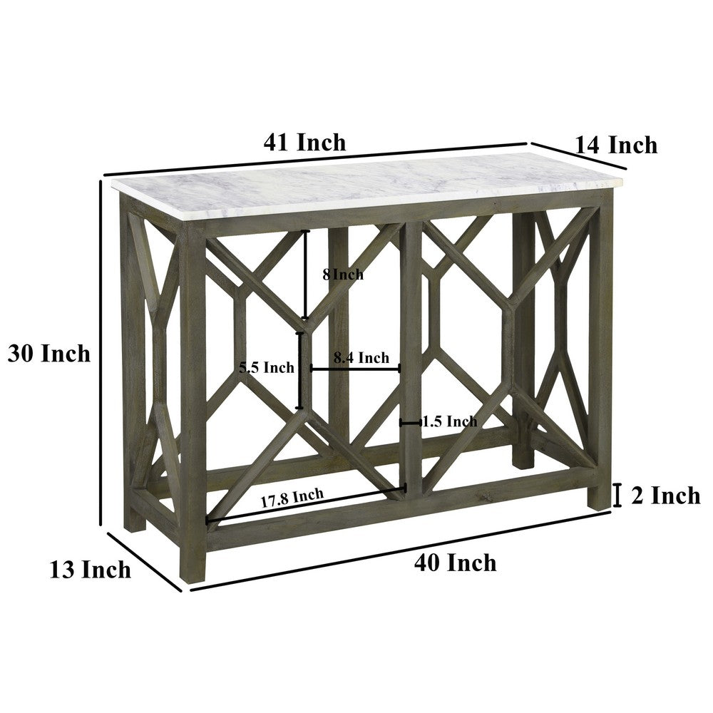 The Urban Port Agas 41 Inch Sofa Console Table, White Genuine Marble Top, Sandblasted Washed Ash Gray Mango Wood Geometric Frame