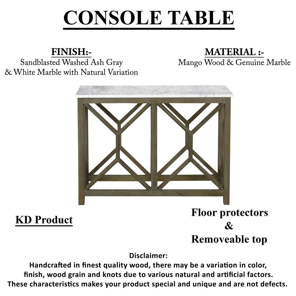 The Urban Port Agas 41 Inch Sofa Console Table, White Genuine Marble Top, Sandblasted Washed Ash Gray Mango Wood Geometric Frame