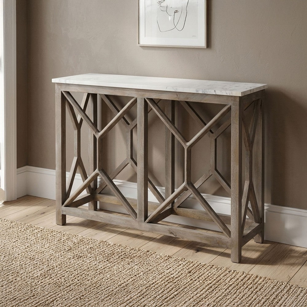 The Urban Port Agas 41 Inch Sofa Console Table, White Genuine Marble Top, Sandblasted Washed Ash Gray Mango Wood Geometric Frame