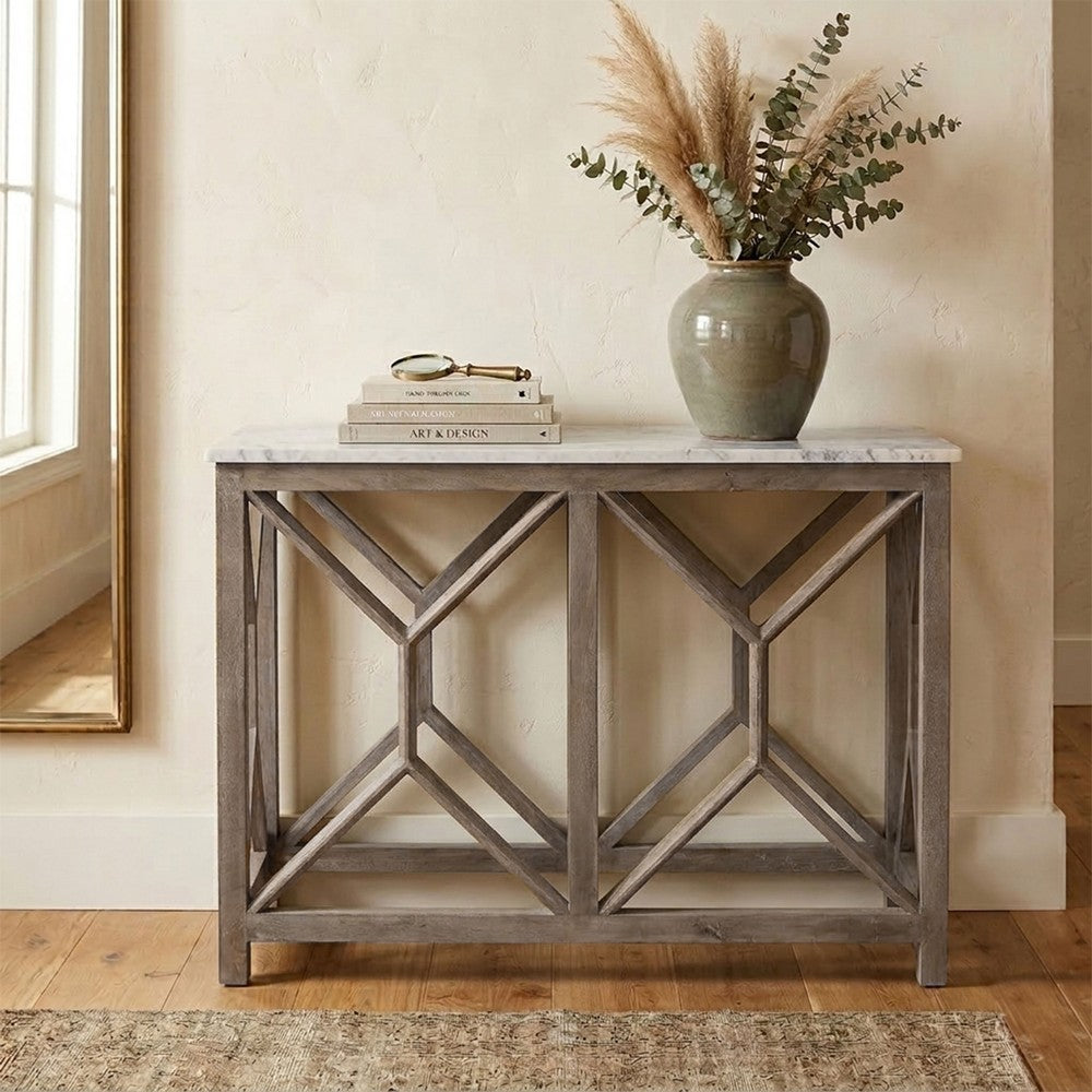 The Urban Port Agas 41 Inch Sofa Console Table, White Genuine Marble Top, Sandblasted Washed Ash Gray Mango Wood Geometric Frame