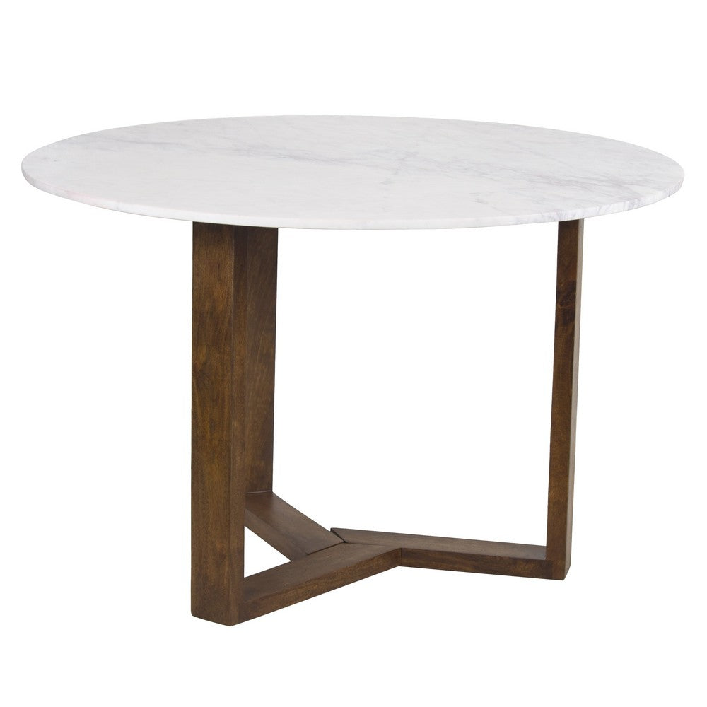 The Urban Port Fina 48 Inch Round Dining Table, White Genuine Marble Top, Natural Brown Mango Wood 3 Leg Sled Base