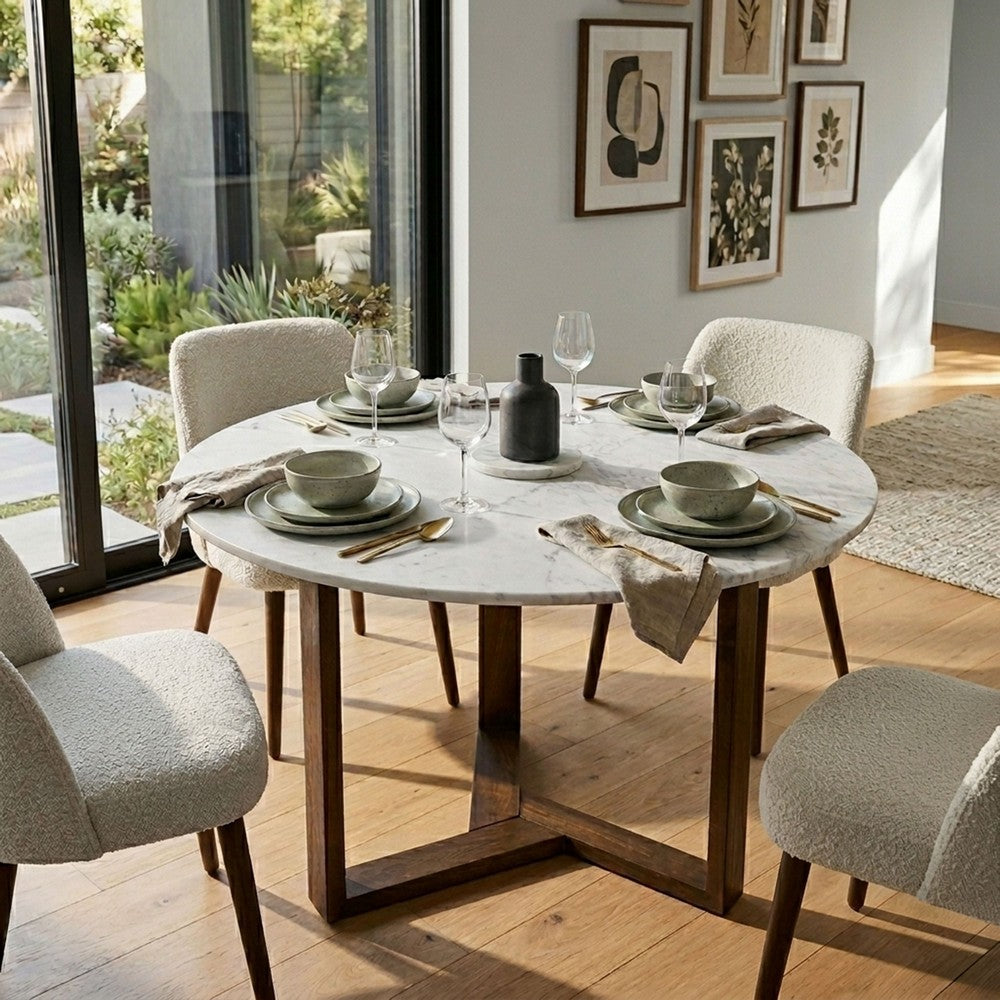 The Urban Port Fina 48 Inch Round Dining Table, White Genuine Marble Top, Natural Brown Mango Wood 3 Leg Sled Base