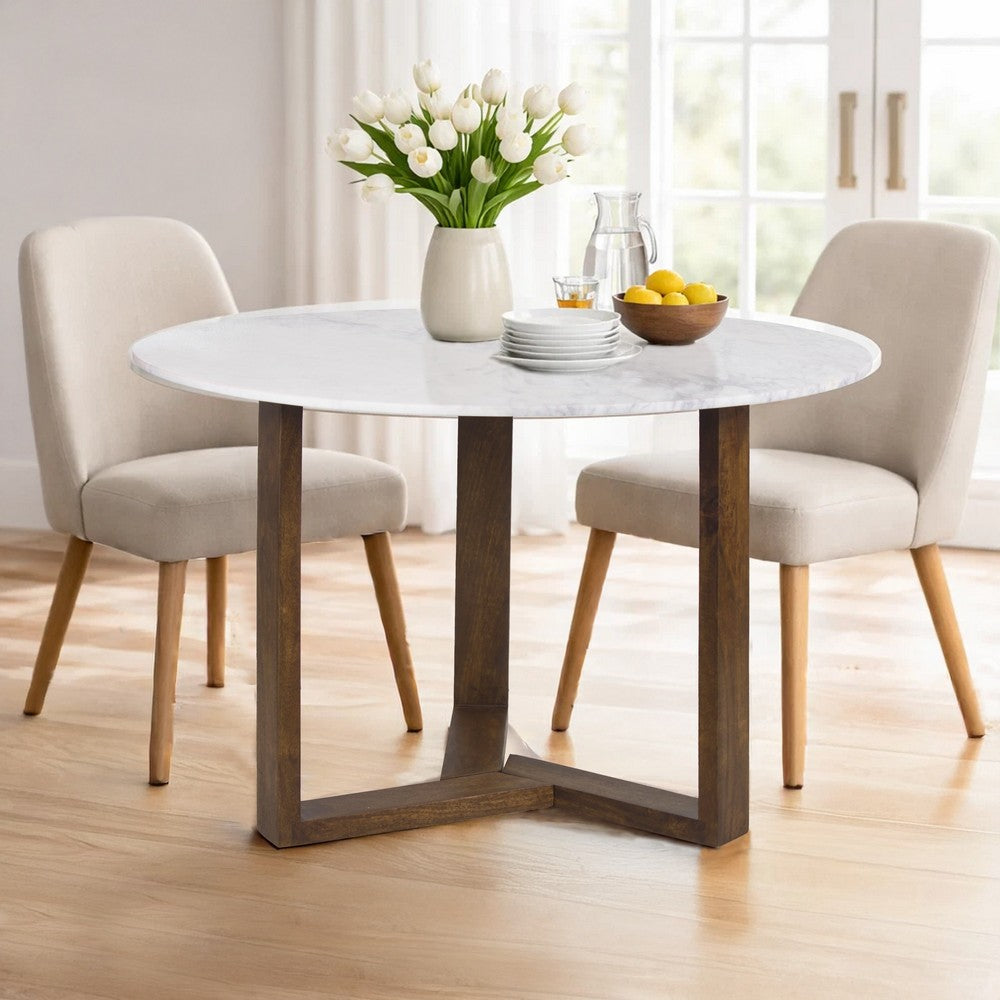 The Urban Port Fina 48 Inch Round Dining Table, White Genuine Marble Top, Natural Brown Mango Wood 3 Leg Sled Base