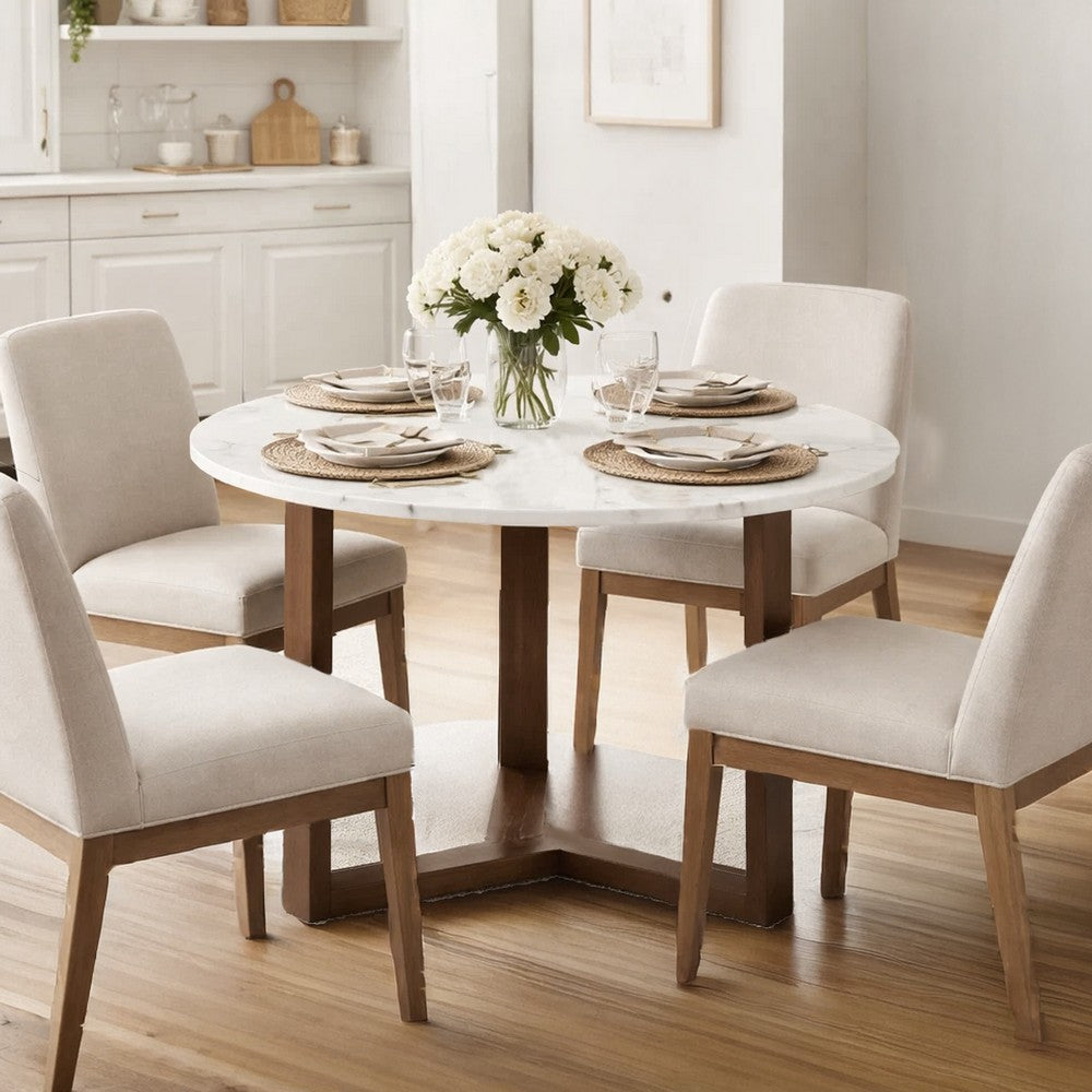 The Urban Port Fina 48 Inch Round Dining Table, White Genuine Marble Top, Natural Brown Mango Wood 3 Leg Sled Base
