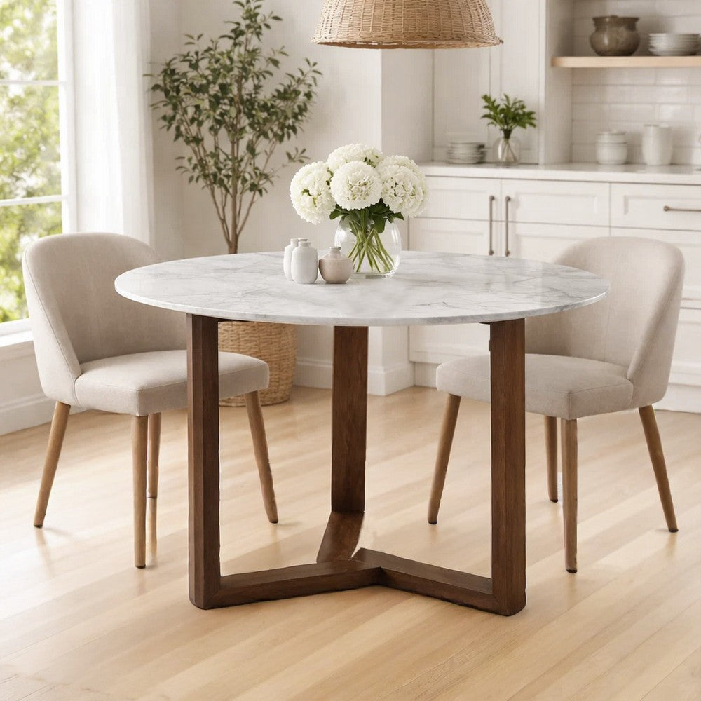 The Urban Port Fina 48 Inch Round Dining Table, White Genuine Marble Top, Natural Brown Mango Wood 3 Leg Sled Base