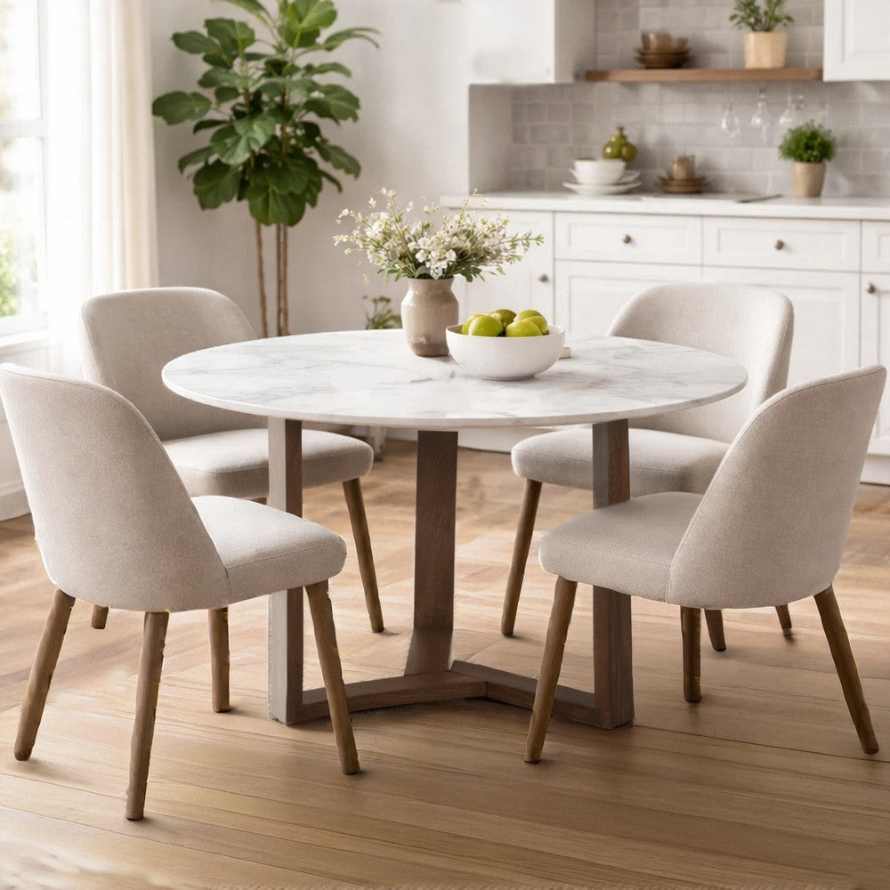 The Urban Port Fina 48 Inch Round Dining Table, White Genuine Marble Top, Natural Brown Mango Wood 3 Leg Sled Base