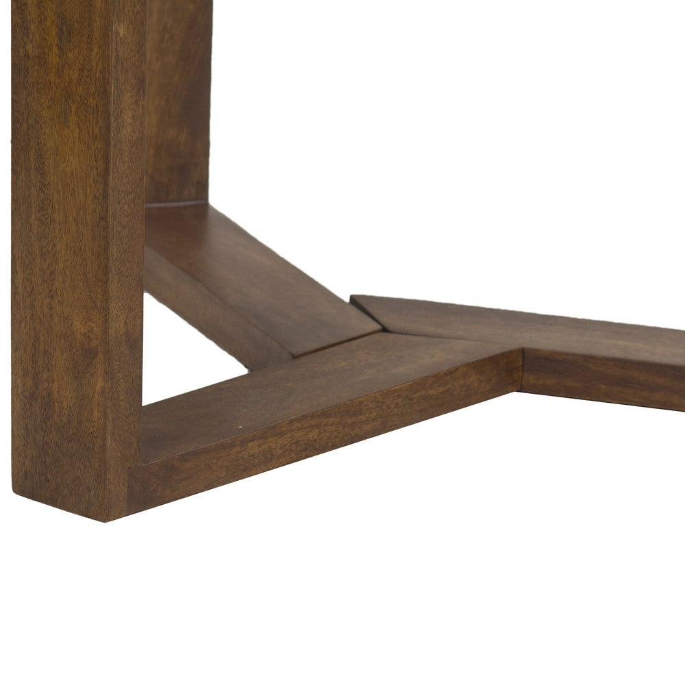 The Urban Port Fina 48 Inch Round Dining Table, White Genuine Marble Top, Natural Brown Mango Wood 3 Leg Sled Base