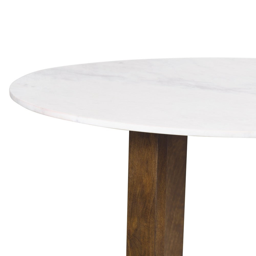 The Urban Port Fina 48 Inch Round Dining Table, White Genuine Marble Top, Natural Brown Mango Wood 3 Leg Sled Base