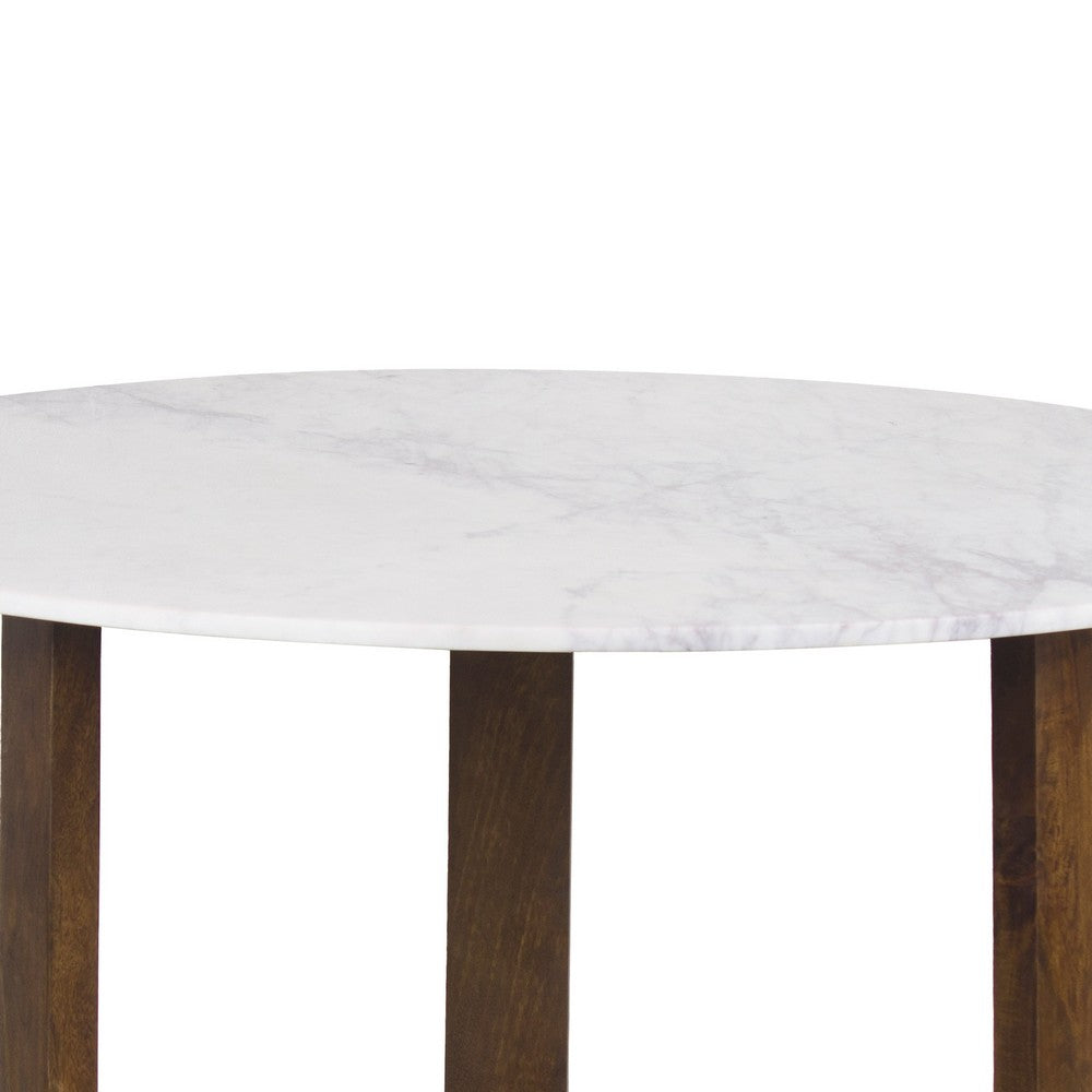 The Urban Port Fina 48 Inch Round Dining Table, White Genuine Marble Top, Natural Brown Mango Wood 3 Leg Sled Base