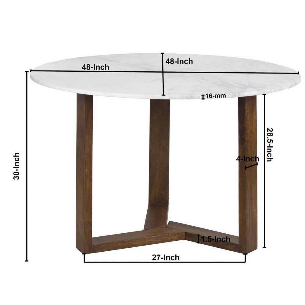 The Urban Port Fina 48 Inch Round Dining Table, White Genuine Marble Top, Natural Brown Mango Wood 3 Leg Sled Base