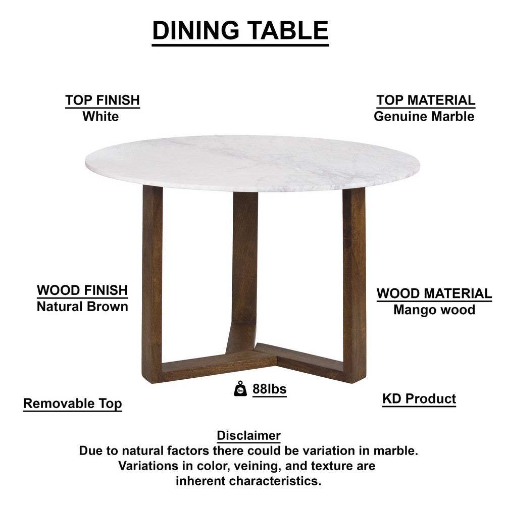 The Urban Port Fina 48 Inch Round Dining Table, White Genuine Marble Top, Natural Brown Mango Wood 3 Leg Sled Base