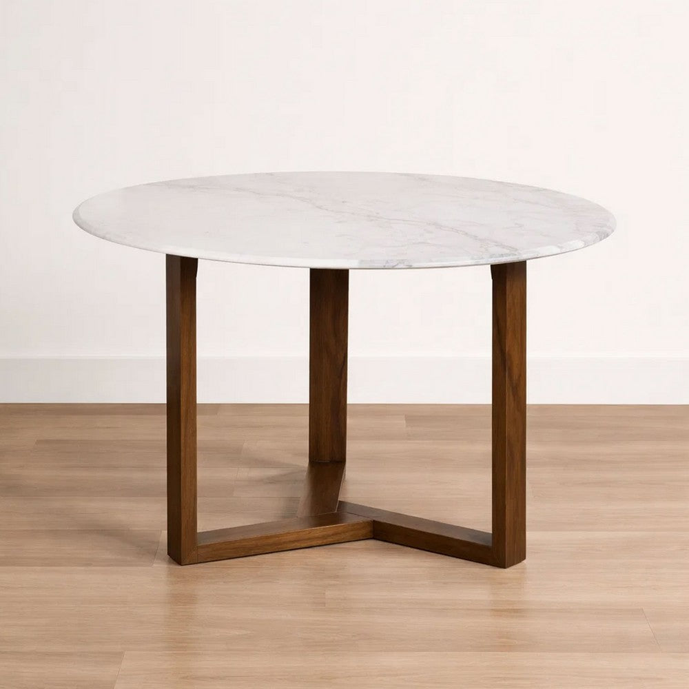 The Urban Port Fina 48 Inch Round Dining Table, White Genuine Marble Top, Natural Brown Mango Wood 3 Leg Sled Base