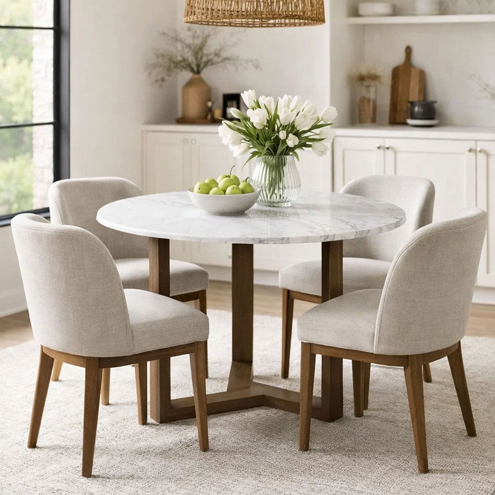 The Urban Port Fina 48 Inch Round Dining Table, White Genuine Marble Top, Natural Brown Mango Wood 3 Leg Sled Base