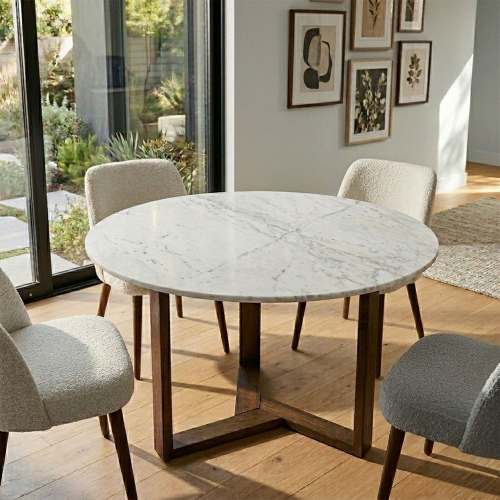 The Urban Port Fina 48 Inch Round Dining Table, White Genuine Marble Top, Natural Brown Mango Wood 3 Leg Sled Base