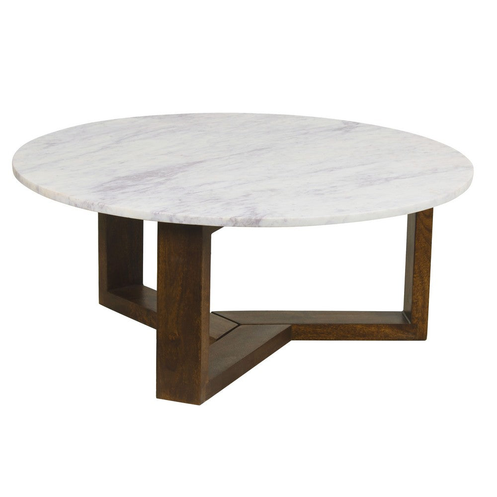The Urban Port Fina 38 Inch Round Coffee Table, White Genuine Marble Top, Natural Brown Mango Wood 3 Leg Sled Base