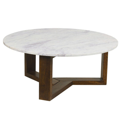 The Urban Port Fina 38 Inch Round Coffee Table, White Genuine Marble Top, Natural Brown Mango Wood 3 Leg Sled Base