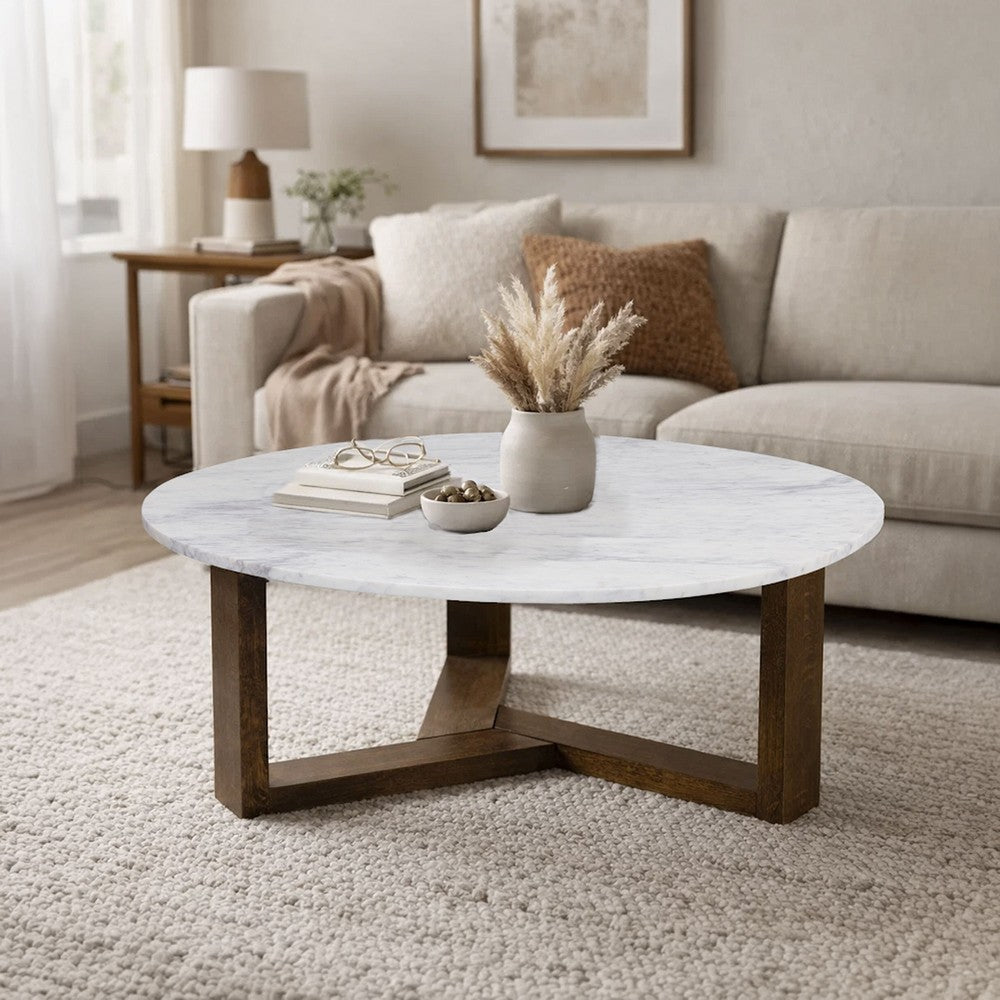 The Urban Port Fina 38 Inch Round Coffee Table, White Genuine Marble Top, Natural Brown Mango Wood 3 Leg Sled Base