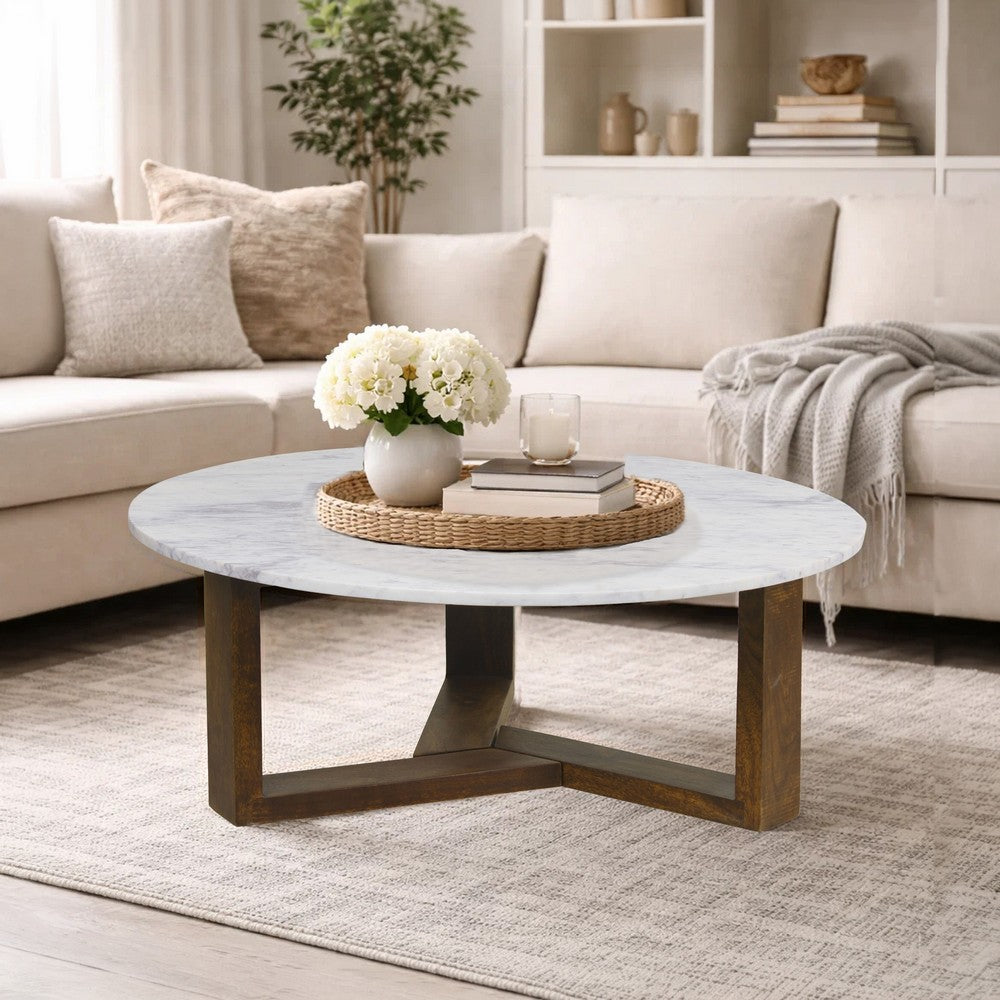 The Urban Port Fina 38 Inch Round Coffee Table, White Genuine Marble Top, Natural Brown Mango Wood 3 Leg Sled Base
